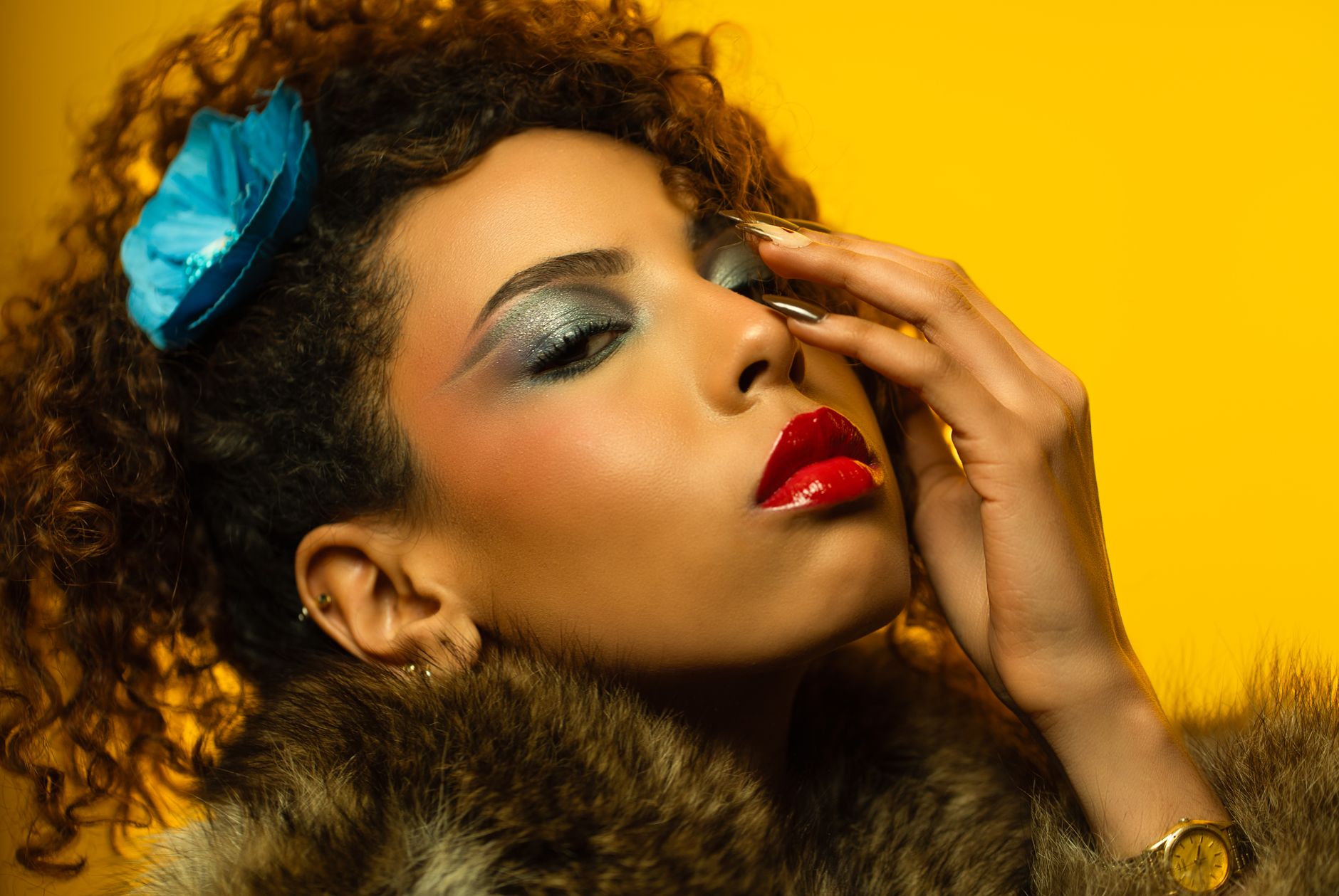A stylish retro portrait featuring a woman with red lipstick and a fur coat against a yellow backdrop. — Explore the Power of